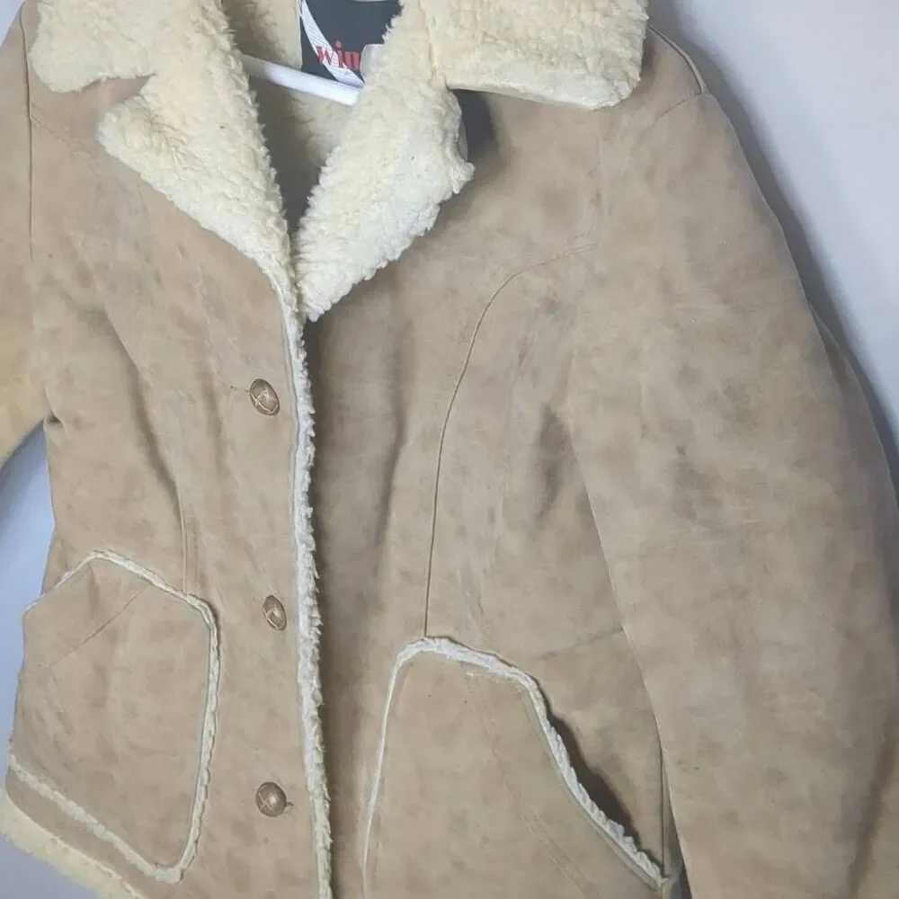 Vintage Faux Sherpa Leather Coat Vinyl Suede Womens L Large